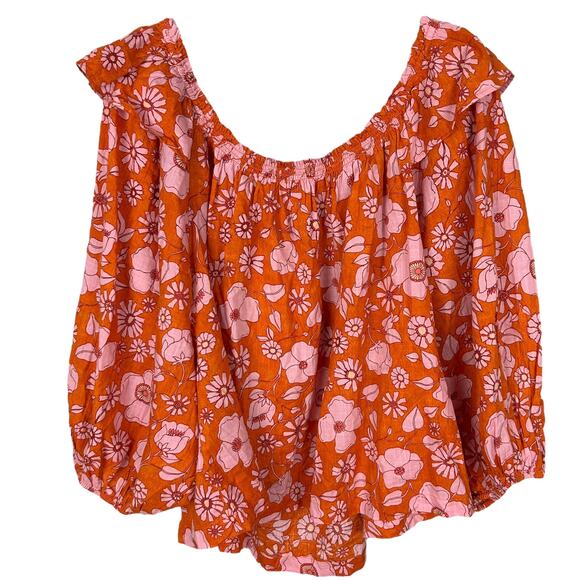 Free People Bohemian Pink Orange Floral Balloon Sleeve Blouse XL - Picture 1 of 7